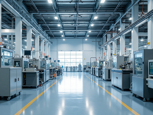 Modern manufacturing facility with industrial equipment and professional staff working with LCD displays, bright lighting environment