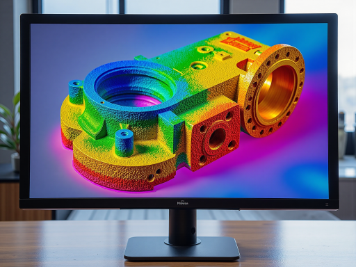 High resolution industrial monitor with multiple input ports, showing detailed image, professional setup environment